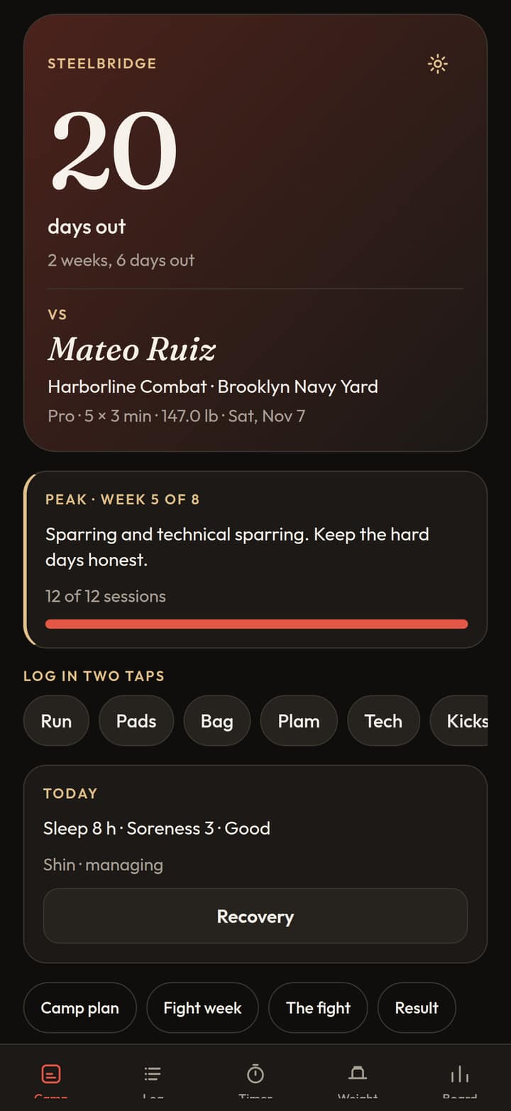 Steel Camp on iPhone. Home screen of a sample camp, with the fight date, weeks remaining, the week plan, contract weight, and today’s session. Sample data.