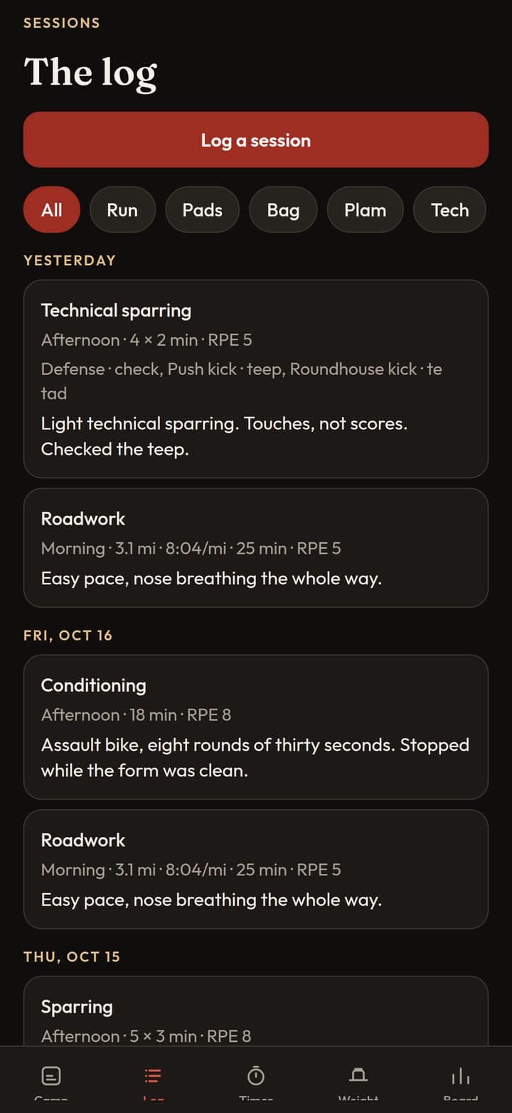 Steel Camp on iPhone. A sample session log with technique tags such as teep, te tad, ti khao, and ti sok, plus rounds and notes. Sample data.