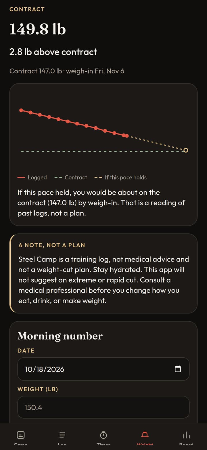Steel Camp on iPhone. Weight screen for a sample camp, tracking toward a contract weight, with safety-first guidance. Sample data.