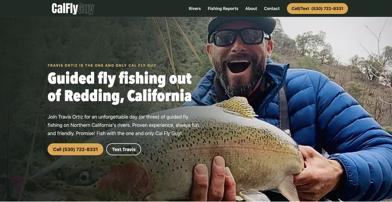 The Cal Fly Guy home page: an angler holding a large steelhead beside the headline "Guided fly fishing out of Redding, California."